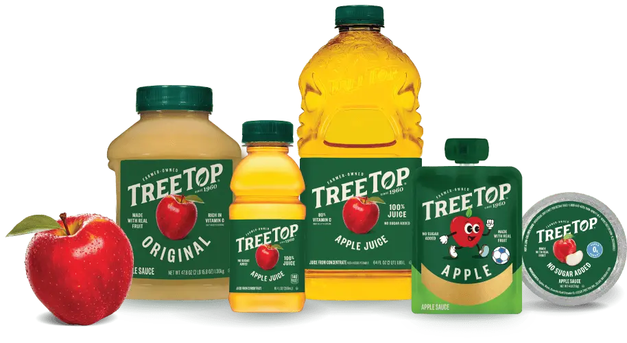 Treetop product group with applesauce, apple juice, and apple sauce pouches