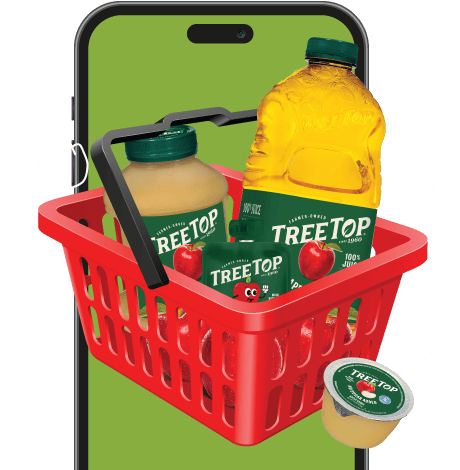 A shopping basket filled with Tree Top products