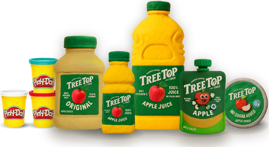 Treetop product group with applesauce, apple juice, and apple sauce pouches. The products are stylized to look like they are made out of Play-Doh.
